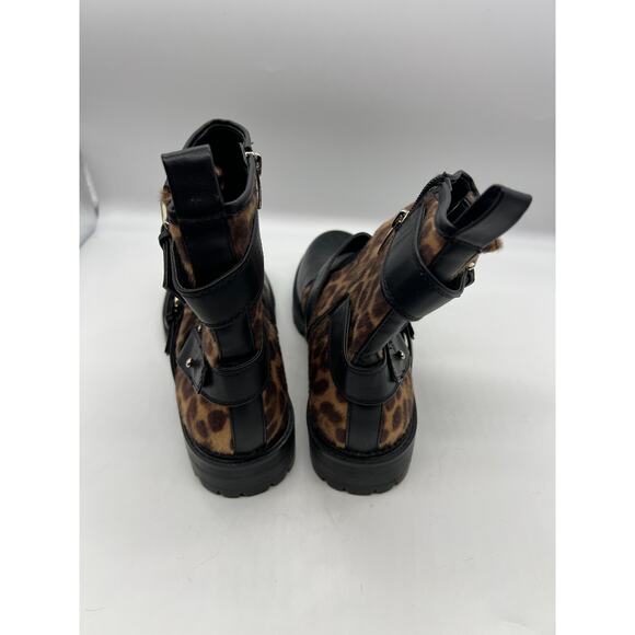 Nine West Aria Black Cheetah Print Ankle Boots Size 10 Biker Combat Buckle - Picture 4 of 7